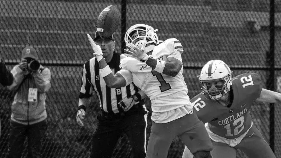 Grove City cornerback Noah Wheeler (center) intercepts a pass against Cortland Saturday.