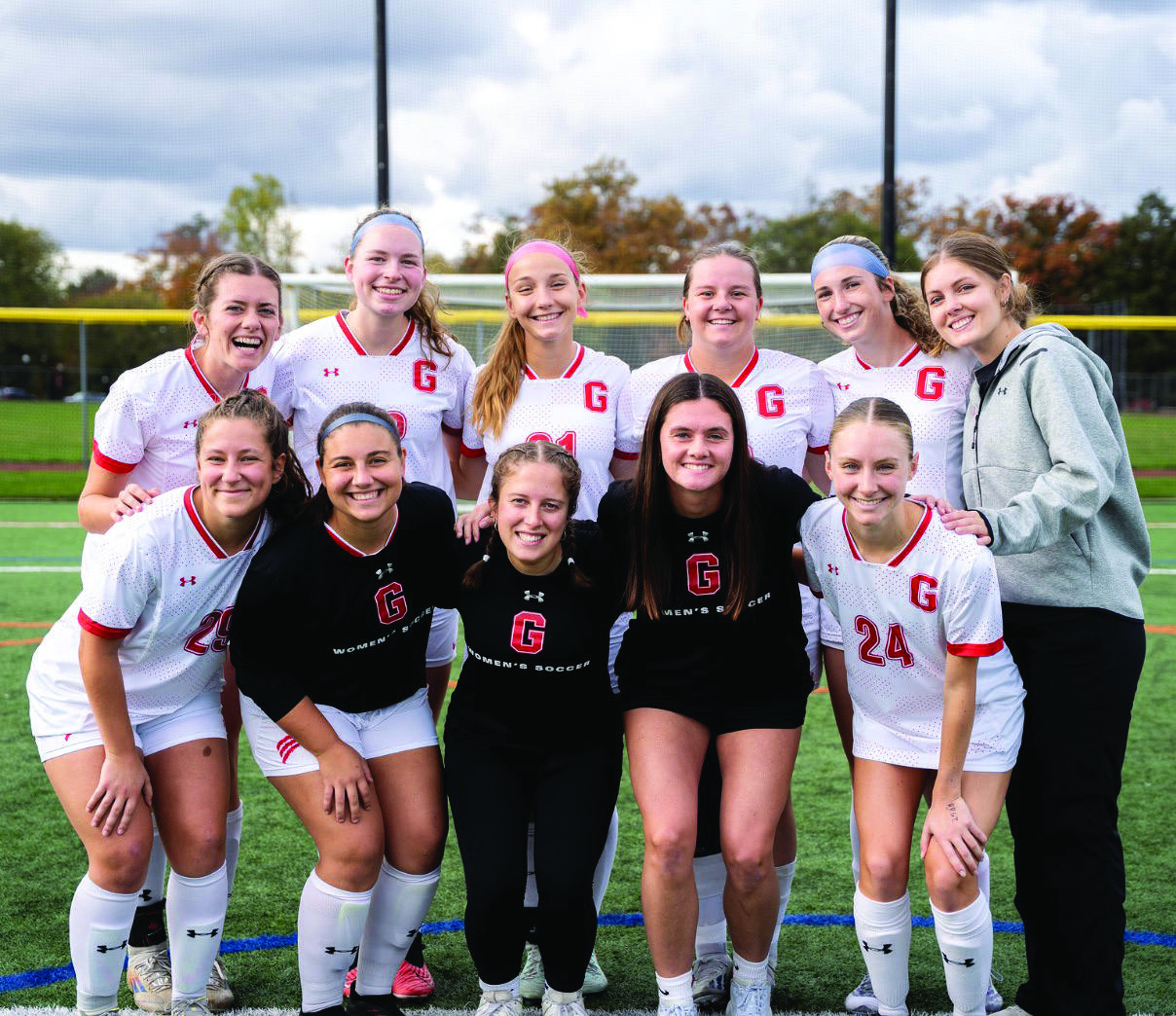 Bottom: The women’s soccer seniors posing together on senior day.