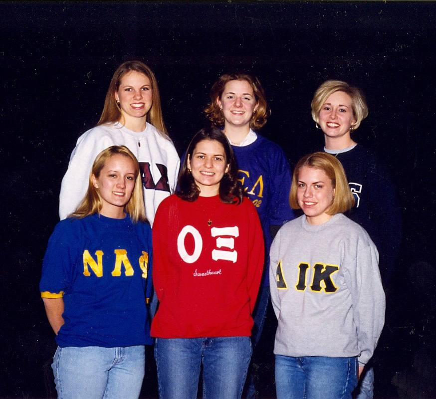 As long as the fraternities have been around, so have the sweethearts. The 2002 fraternity sweethearts from left to right, in the back row: Sigma Alpha Sigma, Adelphikos and Pan So