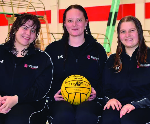 Below, senior women’s water polo team members.