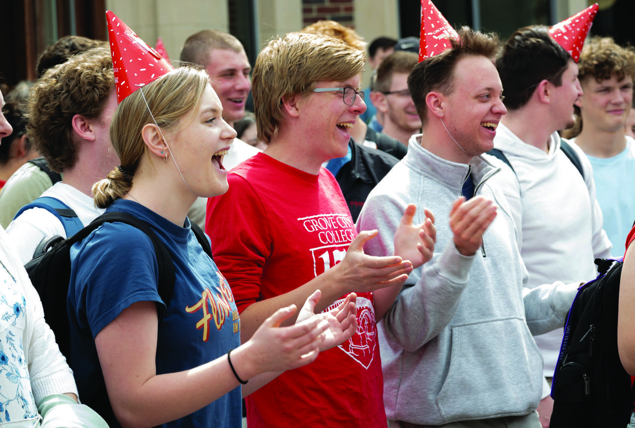 Students Lydia Mahan, John Hatzis and Tim Heiser enjoy the 150th birthday party.